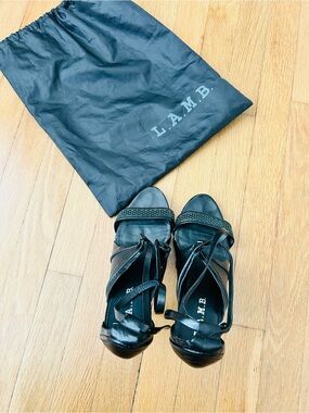 L.A.M.B. Black Braided-Strap Wrap Heel Sandals